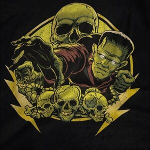 Frankenstein Black Graphic Tee with Yellow and Red Design